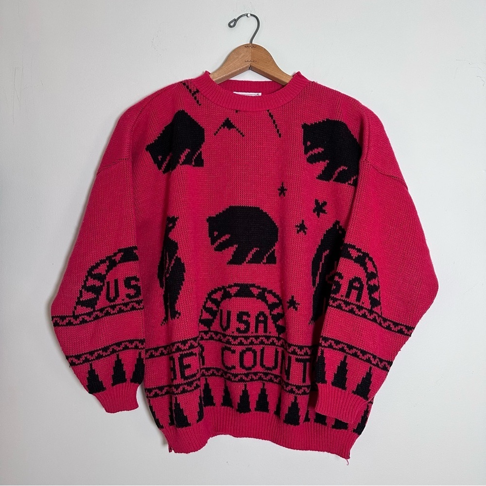 Vintage 80s Jane Adams Red Bear Country Acrylic Sweater Made in USA One Size